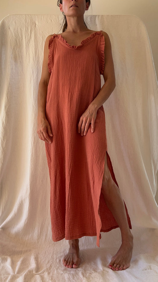 Robe Jackie double gaze de coton terracotta longue