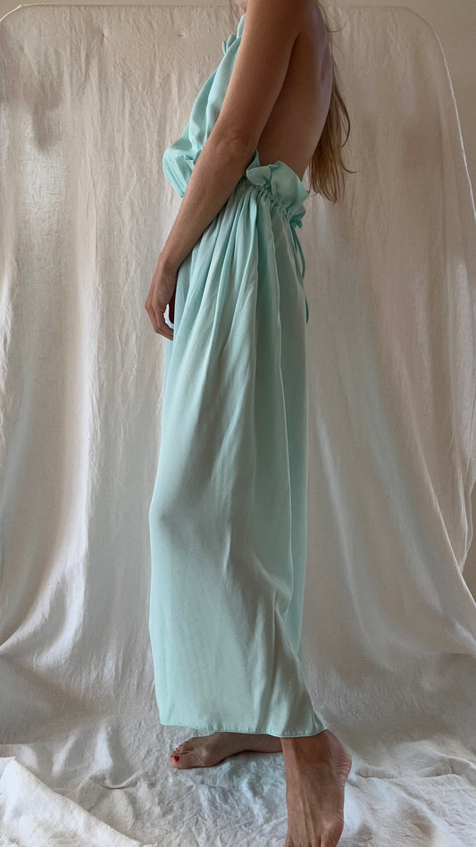Robe Coco crêpe envers satin (côté crêpe) vert d'eau longue
