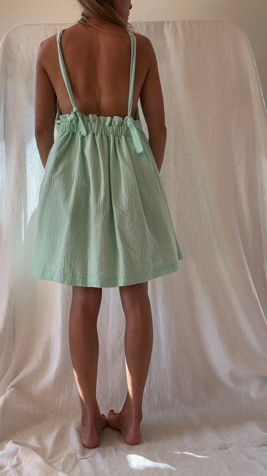 Robe Aniss double gaze de coton vert d'eau courte